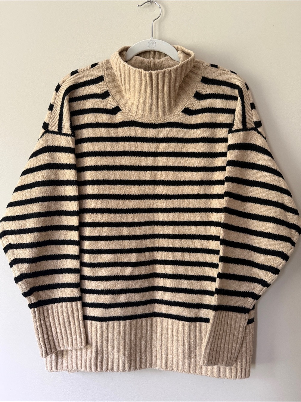 a new day Beige and Black Striped Mock Turtleneck Sweater